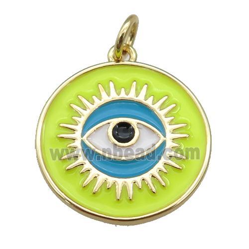 copper Circle pendant with yellow enamel, evil eye, gold plated