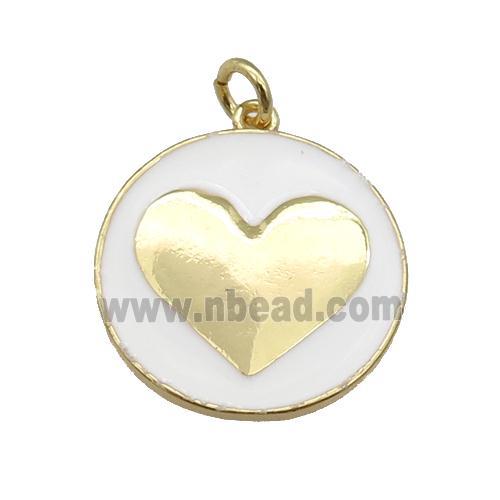 copper Circle pendant with white enamel, heart, gold plated