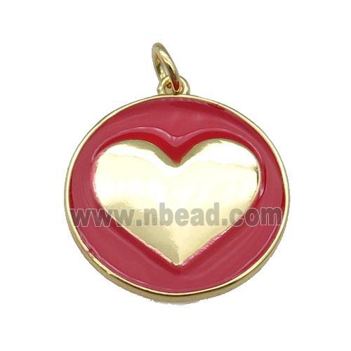 copper Circle pendant with red enamel, heart, gold plated