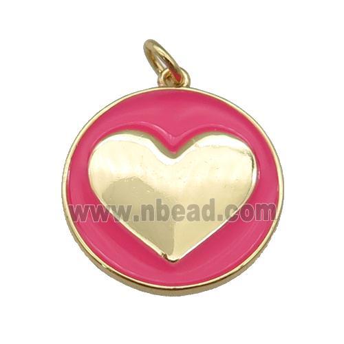 copper Circle pendant with hotpink enamel, heart, gold plated