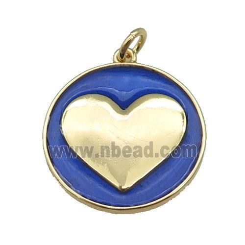 copper Circle pendant with blue enamel, heart, gold plated
