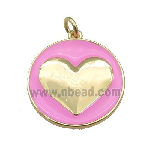 copper Circle pendant with pink enamel, heart, gold plated