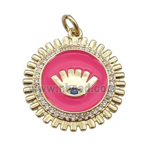 copper Circle pendant paved zircon with hotpink enamel, eye, gold plated