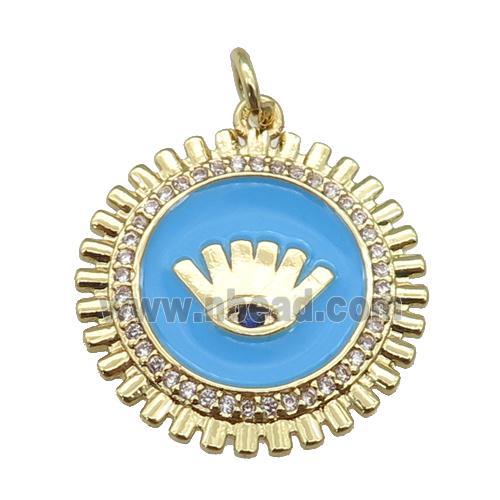 copper Circle pendant paved zircon with blue enamel, eye, gold plated