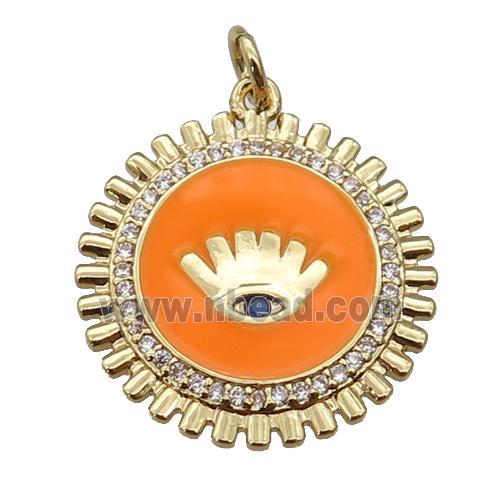copper Circle pendant paved zircon with orange enamel, eye, gold plated