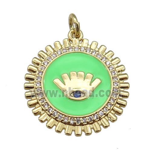 copper Circle pendant paved zircon with green enamel, eye, gold plated