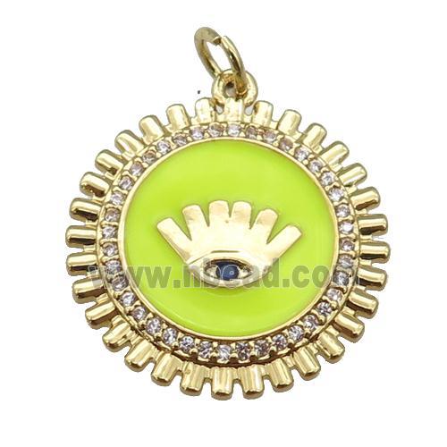 copper Circle pendant paved zircon with yellow enamel, eye, gold plated