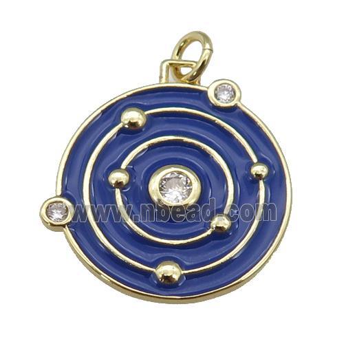 copper circle pendant with blue enamel, planet, gold plated