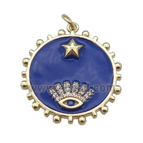 copper circle pendant with navyblue enamel, eye, gold plated