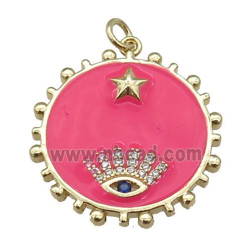 copper circle pendant with hotpink enamel, eye, gold plated
