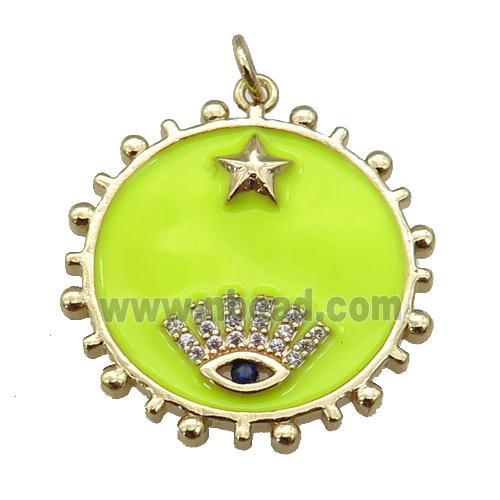 copper circle pendant with yellow enamel, eye, gold plated