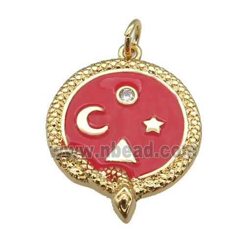 copper circle pendant with red enamel, planet, gold plated