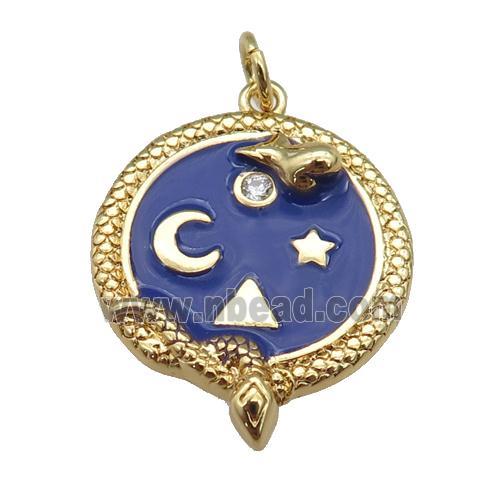 copper circle pendant with navyblue enamel, planet, gold plated