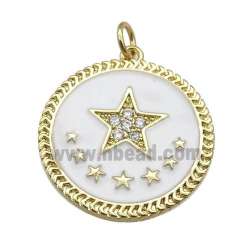 copper circle pendant with white enamel, star, gold plated