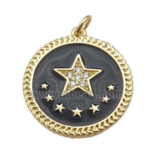 copper circle pendant with black enamel, star, gold plated