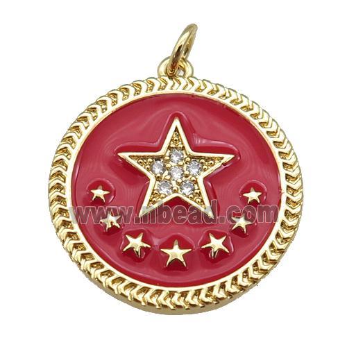 copper circle pendant with red enamel, star, gold plated