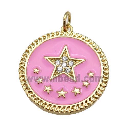 copper circle pendant with pink enamel, star, gold plated