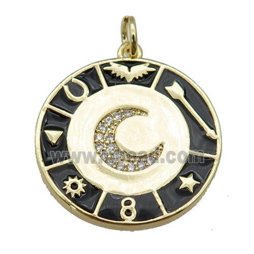 copper Circle Astrology pendant paved zircon with black enamel, moon, gold plated