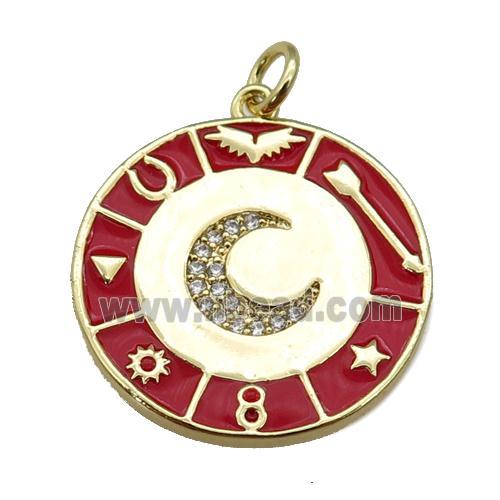 copper Circle Astrology pendant paved zircon with red enamel, moon, gold plated
