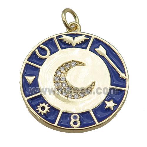 copper Circle Astrology pendant paved zircon with navyblue enamel, moon, gold plated