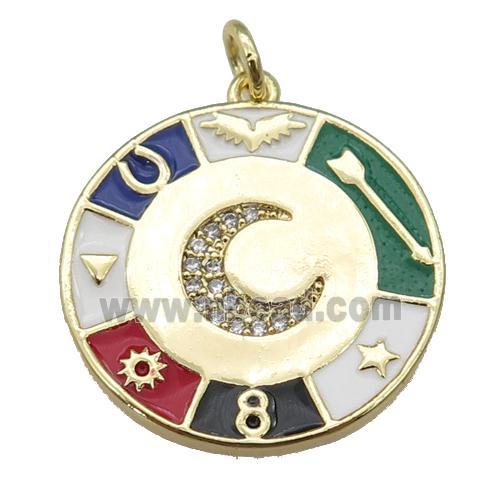 copper Circle Astrology pendant paved zircon with enamel, moon, gold plated
