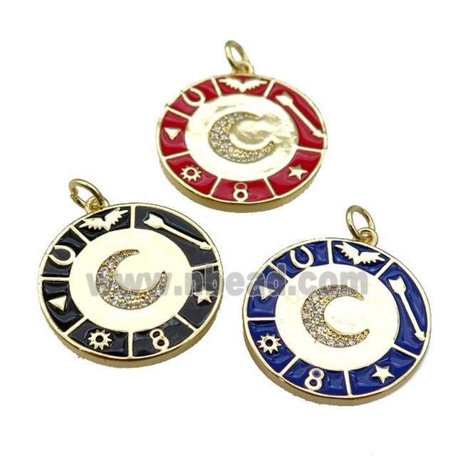 copper Circle Astrology pendant paved zircon with enamel, moon, gold plated, mixed