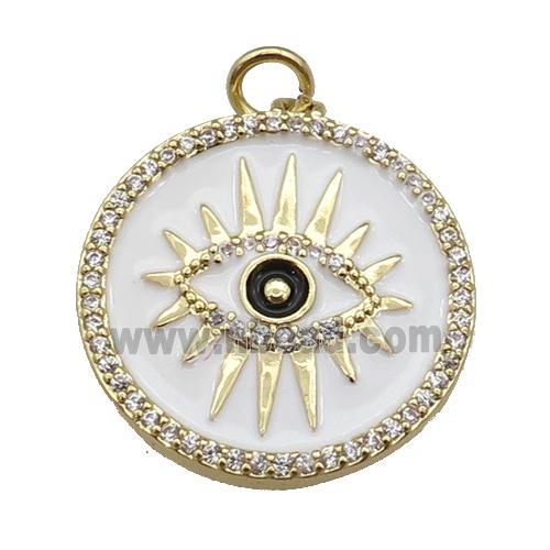 copper circle pendant paved zircon with white enamel, eye, gold plated