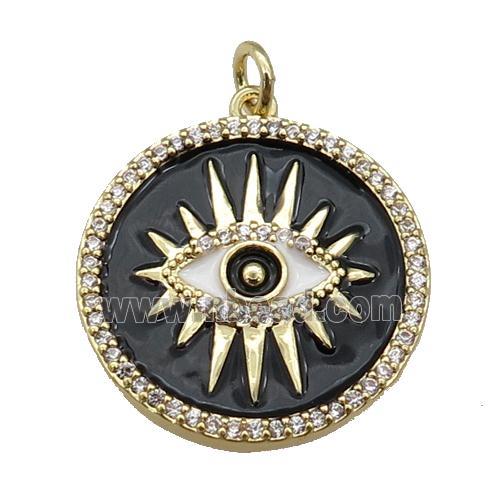 copper circle pendant paved zircon with black enamel, eye, gold plated