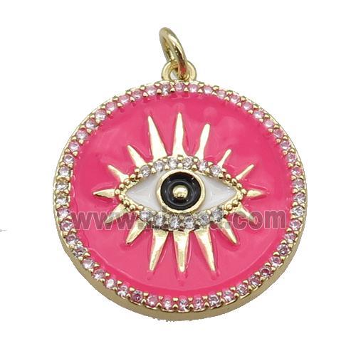 copper circle pendant paved zircon with hotpink enamel, eye, gold plated
