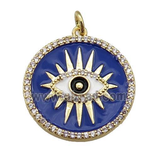 copper circle pendant paved zircon with navyblue enamel, eye, gold plated