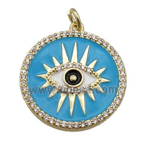 copper circle pendant paved zircon with blue enamel, eye, gold plated