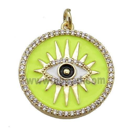 copper circle pendant paved zircon with yellow enamel, eye, gold plated