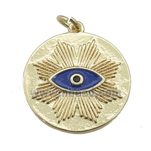 copper circle pendant with navyblue enamel eye, gold plated