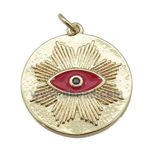 copper circle pendant with red enamel eye, gold plated