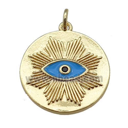 copper circle pendant with blue enamel eye, gold plated