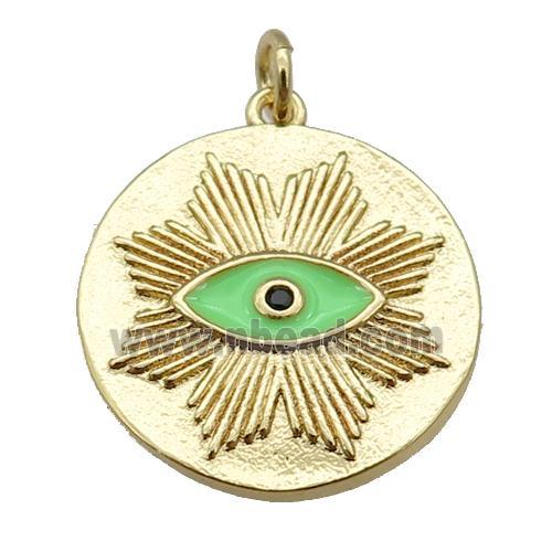 copper circle pendant with green enamel eye, gold plated