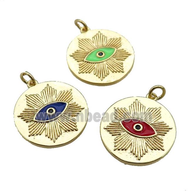 copper circle pendant with enamel eye, gold plated, mixed