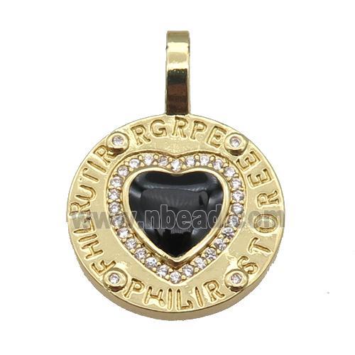 copper circle pendant paved zircon with black enamel heart, gold plated