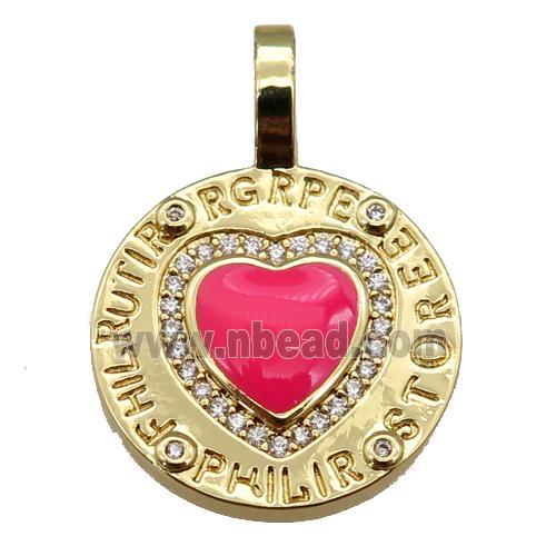copper circle pendant paved zircon with red enamel heart, gold plated