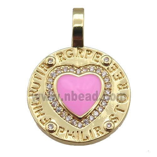 copper circle pendant paved zircon with pink enamel heart, gold plated