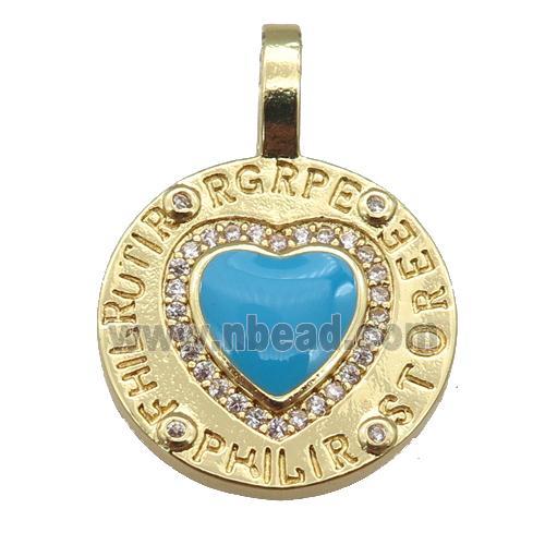 copper circle pendant paved zircon with blue enamel heart, gold plated