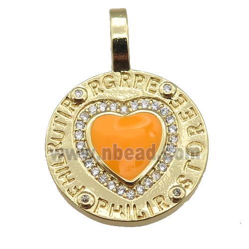 copper circle pendant paved zircon with orange enamel heart, gold plated
