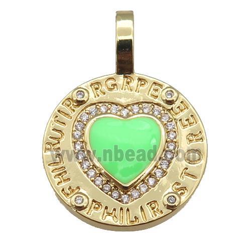 copper circle pendant paved zircon with green enamel heart, gold plated