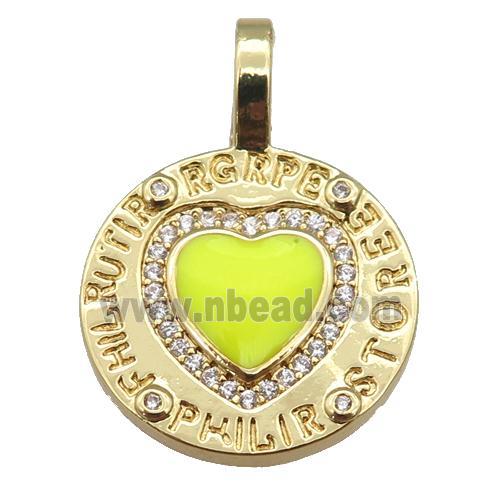 copper circle pendant paved zircon with yellow enamel heart, gold plated