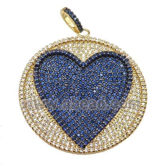 copper Heart pendant paved blue zircon, circle, gold plated