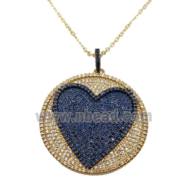 copper Necklace withe heart paved blue zircon, gold plated