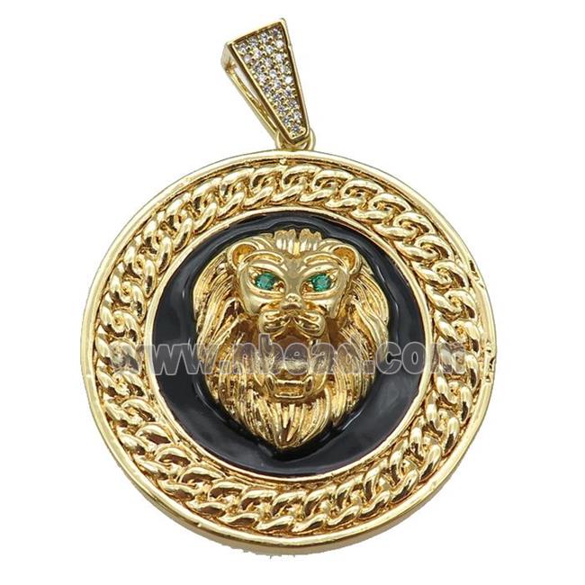 Copper Lion Pendant Black Enamel Circle Gold Plated