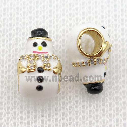 copper Christmas Snowman beads with white enamel, large hole, gold plated
