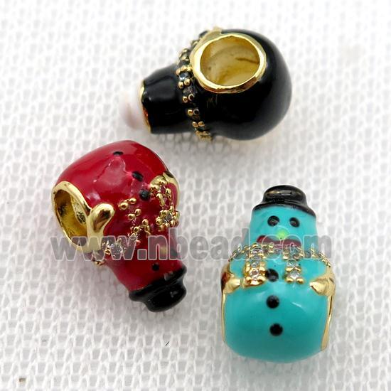 copper Christmas Snowman beads with enamel, large hole, gold plated, mixed
