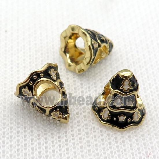 copper Christmas Tree beads with black enamel, large hole, gold plated